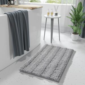 Yimobra Bathroom Rug Mat, Extra Thick and Super Absorbent Bath Rugs, Non Slip Quick Dry Bath Mats, Luxury Microfiber Chenille Plush Fluffy Washable Soft Shower Carpet for Floor, 24" x 17", Light Grey