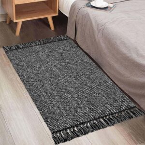 Boho Bathroom Rug 2'x 3', Black Cream Hand- Woven Cotton Reversible Small Entryway Rug with Tassels Machine Washable Rug for Kitchen/Laundry/Doorway Porch Throw Floor Mat