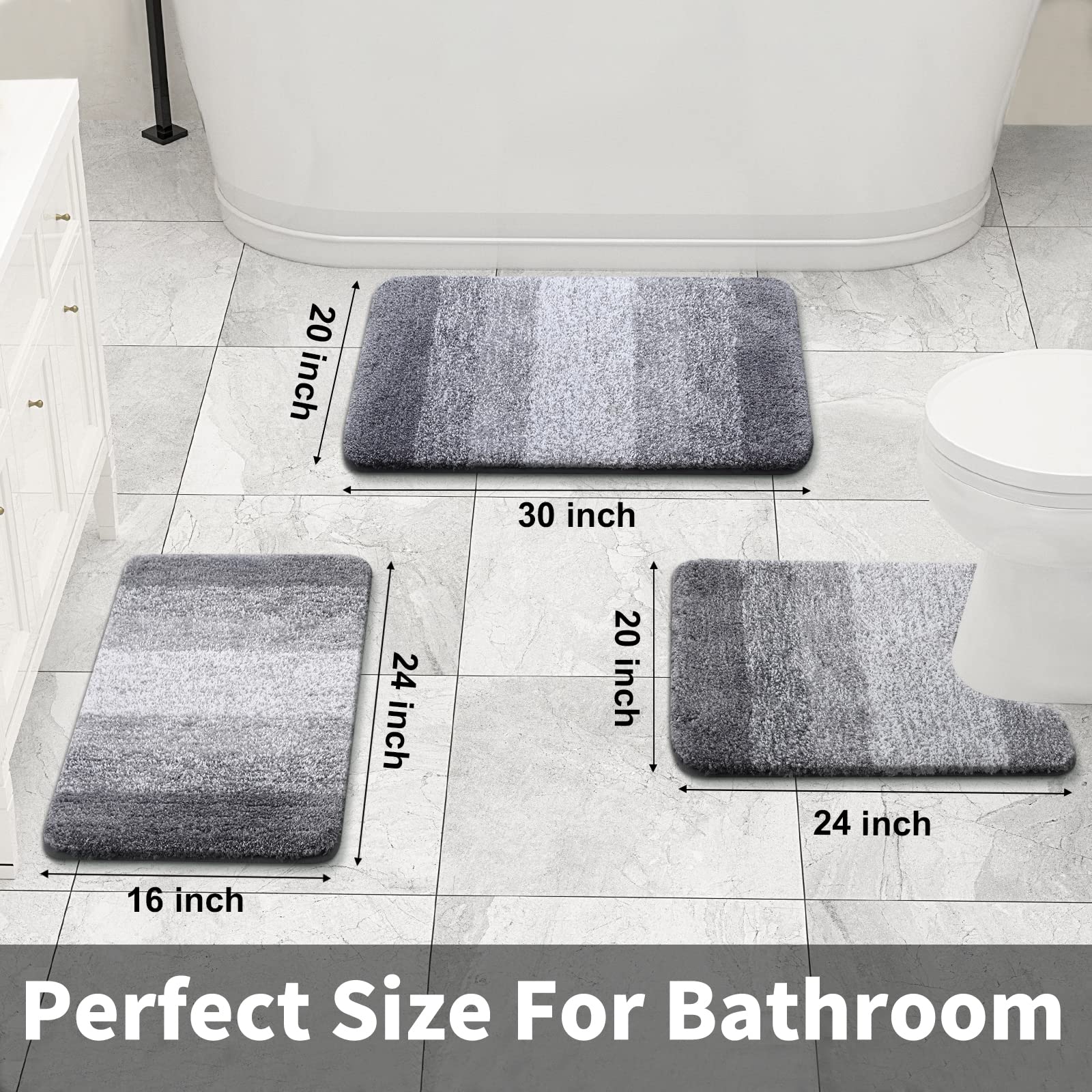 OLANLY Luxury Bathroom Rug Set 2 Piece, Soft Absorbent Microfiber Bath Rugs and U-Shaped Contour Toilet Rug, Non-Slip Bath Carpet, Machine Wash Dry, Bath Mats for Bathroom (24"x16"+24"x20", Grey)