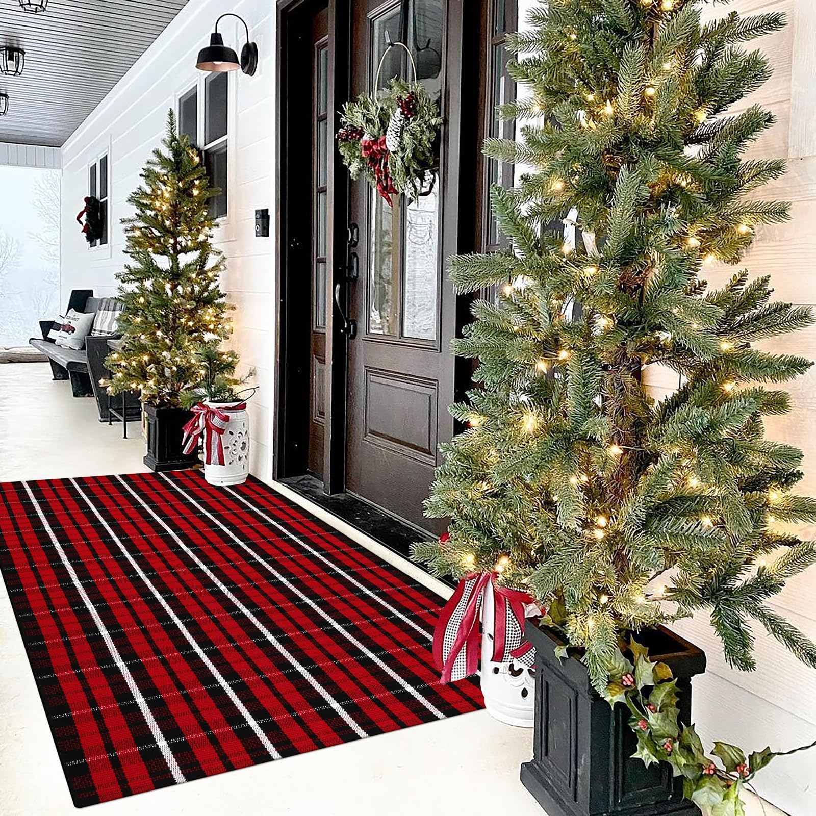 KIMODE Christmas Door Mat Outdoor 35"x59",Red and Black Buffalo Plaid Rug,Washable Cotton Hand-Woven Layered Door Mats,Reversible Outdoor Christmas Decor for Front Porch,Entryway,Kitchen