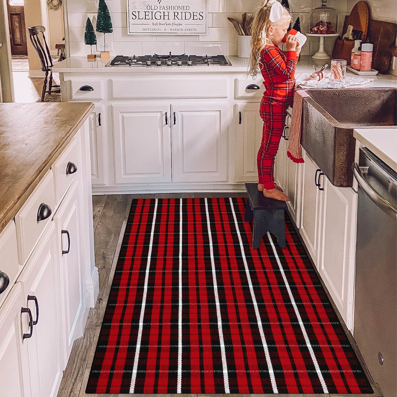 KIMODE Christmas Door Mat Outdoor 35"x59",Red and Black Buffalo Plaid Rug,Washable Cotton Hand-Woven Layered Door Mats,Reversible Outdoor Christmas Decor for Front Porch,Entryway,Kitchen