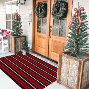 KIMODE Christmas Door Mat Outdoor 35"x59",Red and Black Buffalo Plaid Rug,Washable Cotton Hand-Woven Layered Door Mats,Reversible Outdoor Christmas Decor for Front Porch,Entryway,Kitchen