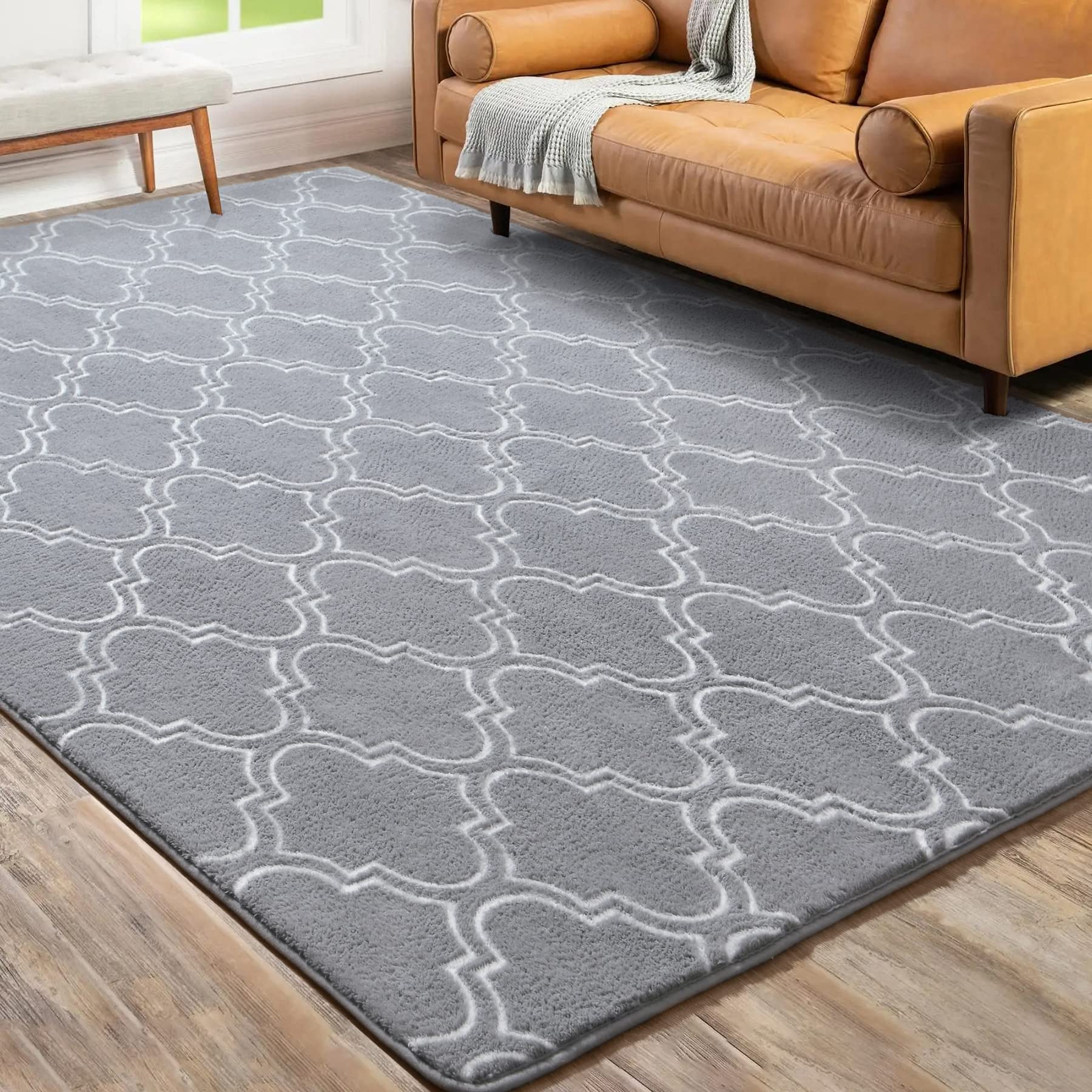 Chicrug Shag Geometric Modern Area Rug for Bedroom, 4x6 Feet Memory Foam Indoor Carpet, Fluffy Rug for Living Room Bedside Room Decor for Family Girls Kids Nursery Play Mat, Grey/White