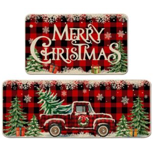 Cusugbaso Christmas Kitchen Mats for Floor, Christmas Kitchen Rugs Set of 2 - Farmhouse Truck Red Buffalo Plaid Christmas Kitchen Decor - Christmas Decorations for Bathroom,Home,Indoor 17"x27+17"x47"