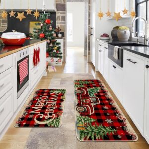 Cusugbaso Christmas Kitchen Mats for Floor, Christmas Kitchen Rugs Set of 2 - Farmhouse Truck Red Buffalo Plaid Christmas Kitchen Decor - Christmas Decorations for Bathroom,Home,Indoor 17"x27+17"x47"