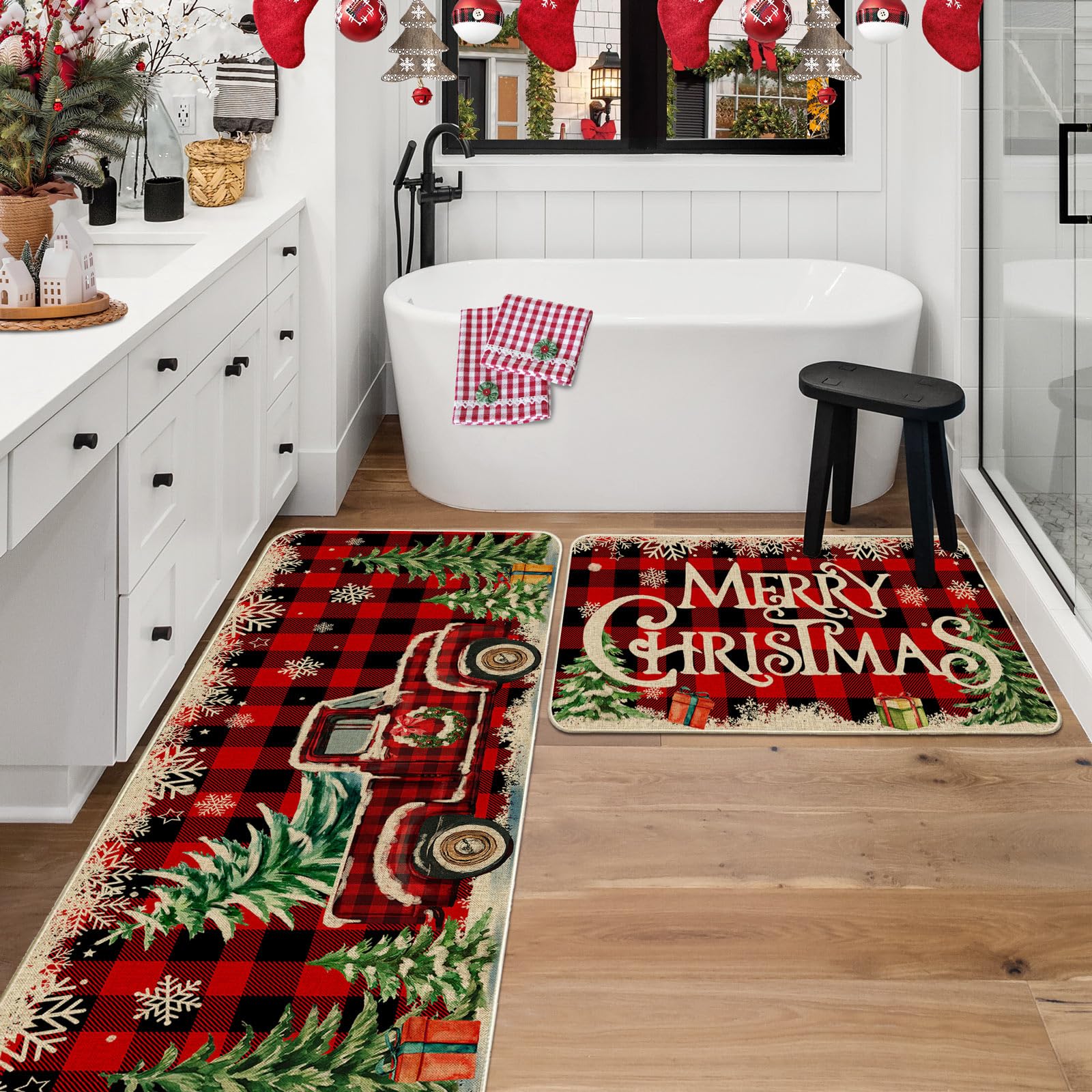 Cusugbaso Christmas Kitchen Mats for Floor, Christmas Kitchen Rugs Set of 2 - Farmhouse Truck Red Buffalo Plaid Christmas Kitchen Decor - Christmas Decorations for Bathroom,Home,Indoor 17"x27+17"x47"