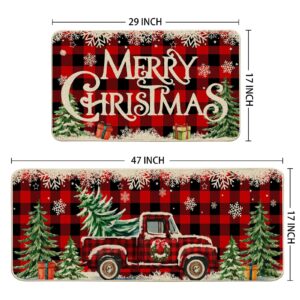 Cusugbaso Christmas Kitchen Mats for Floor, Christmas Kitchen Rugs Set of 2 - Farmhouse Truck Red Buffalo Plaid Christmas Kitchen Decor - Christmas Decorations for Bathroom,Home,Indoor 17"x27+17"x47"