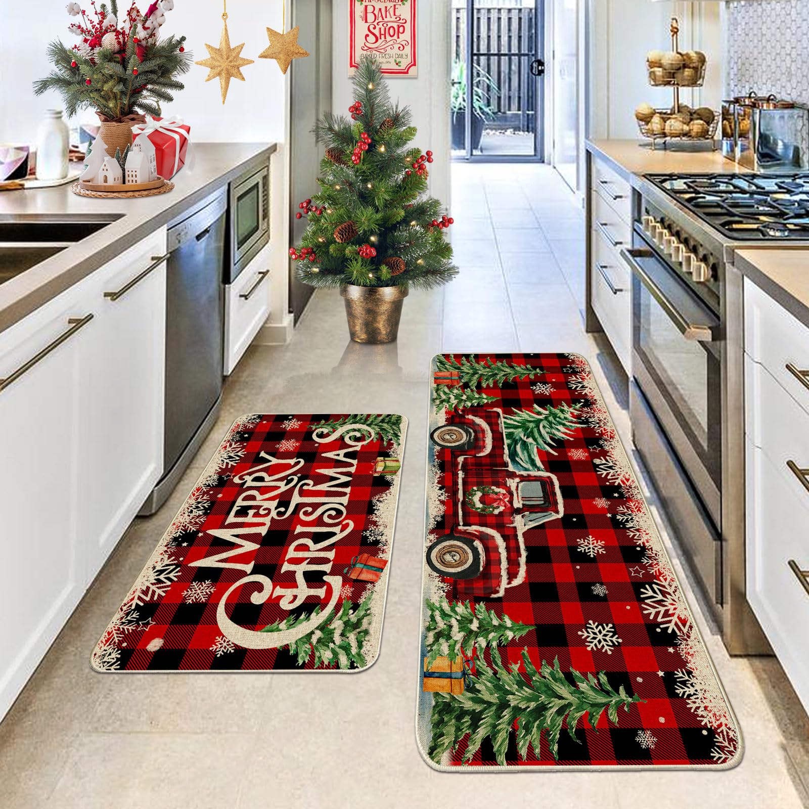 Cusugbaso Christmas Kitchen Mats for Floor, Christmas Kitchen Rugs Set of 2 - Farmhouse Truck Red Buffalo Plaid Christmas Kitchen Decor - Christmas Decorations for Bathroom,Home,Indoor 17"x27+17"x47"