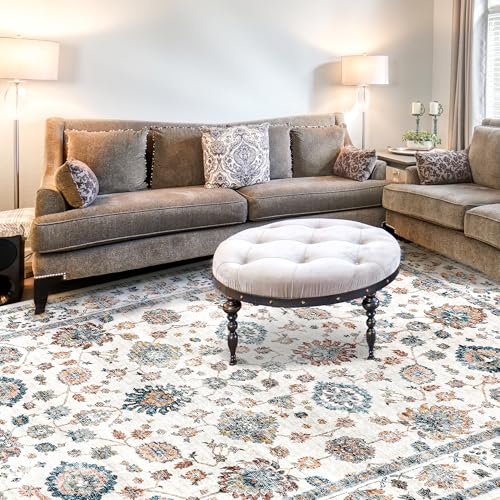 Mcadore 8x10 Washable Vintage Boho Area Rug - Non Slip, Foldable Large Carpet for Living Room, Bedroom, Kitchen - Beige/Multi - Print Design