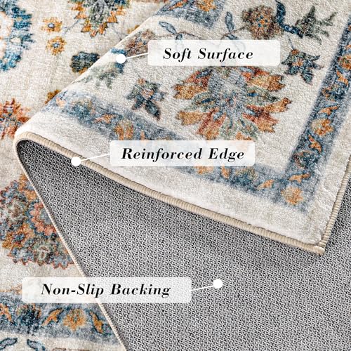 Mcadore 8x10 Washable Vintage Boho Area Rug - Non Slip, Foldable Large Carpet for Living Room, Bedroom, Kitchen - Beige/Multi - Print Design