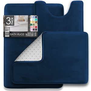 Clara Clark 3 Piece Bathroom Rugs Bath Mat Set, Velvet Memory Foam Bath Mats for Bathroom - Non-Slip, PVC Backing Bath Rugs, Washable Bathroom Rug Mats - Dries Quickly, Blue Bathroom Rug Set