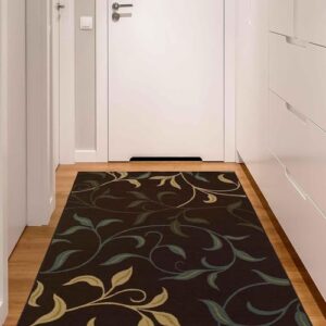 Machine Washable Leaves Design Non-Slip Rubberback 3x5 Traditional Area Rug for Living Room, Bedroom, Kitchen, 3'3" x 5', Brown