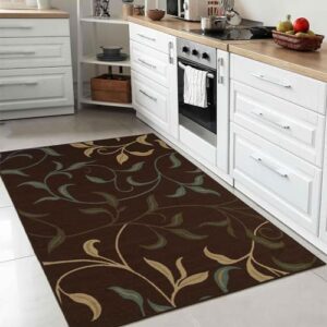 Machine Washable Leaves Design Non-Slip Rubberback 3x5 Traditional Area Rug for Living Room, Bedroom, Kitchen, 3'3" x 5', Brown