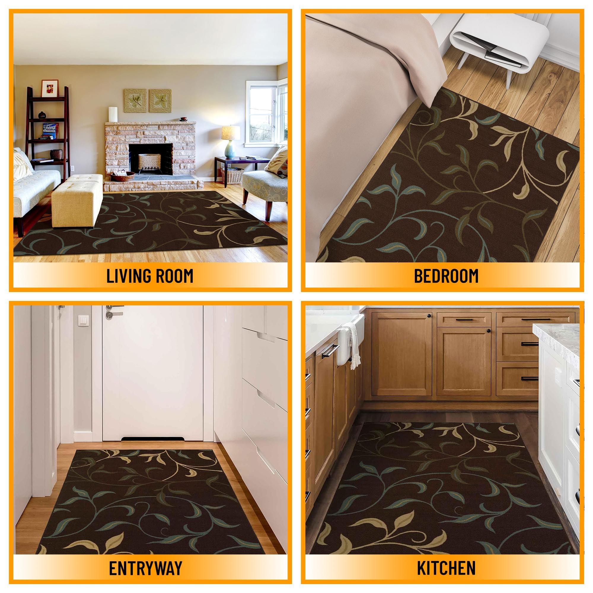 Machine Washable Leaves Design Non-Slip Rubberback 3x5 Traditional Area Rug for Living Room, Bedroom, Kitchen, 3'3" x 5', Brown