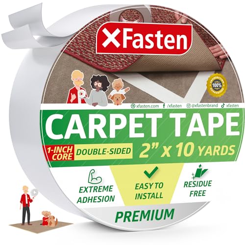XFasten Double Sided Carpet Tape for Area Rugs 2 Inch x 10 Yards 1” Core Residue-Free Carpet Double Sided Rug Tape for Laminate Floors, Rug Tape Gripper for Carpet, Tape for Hardwood Floors
