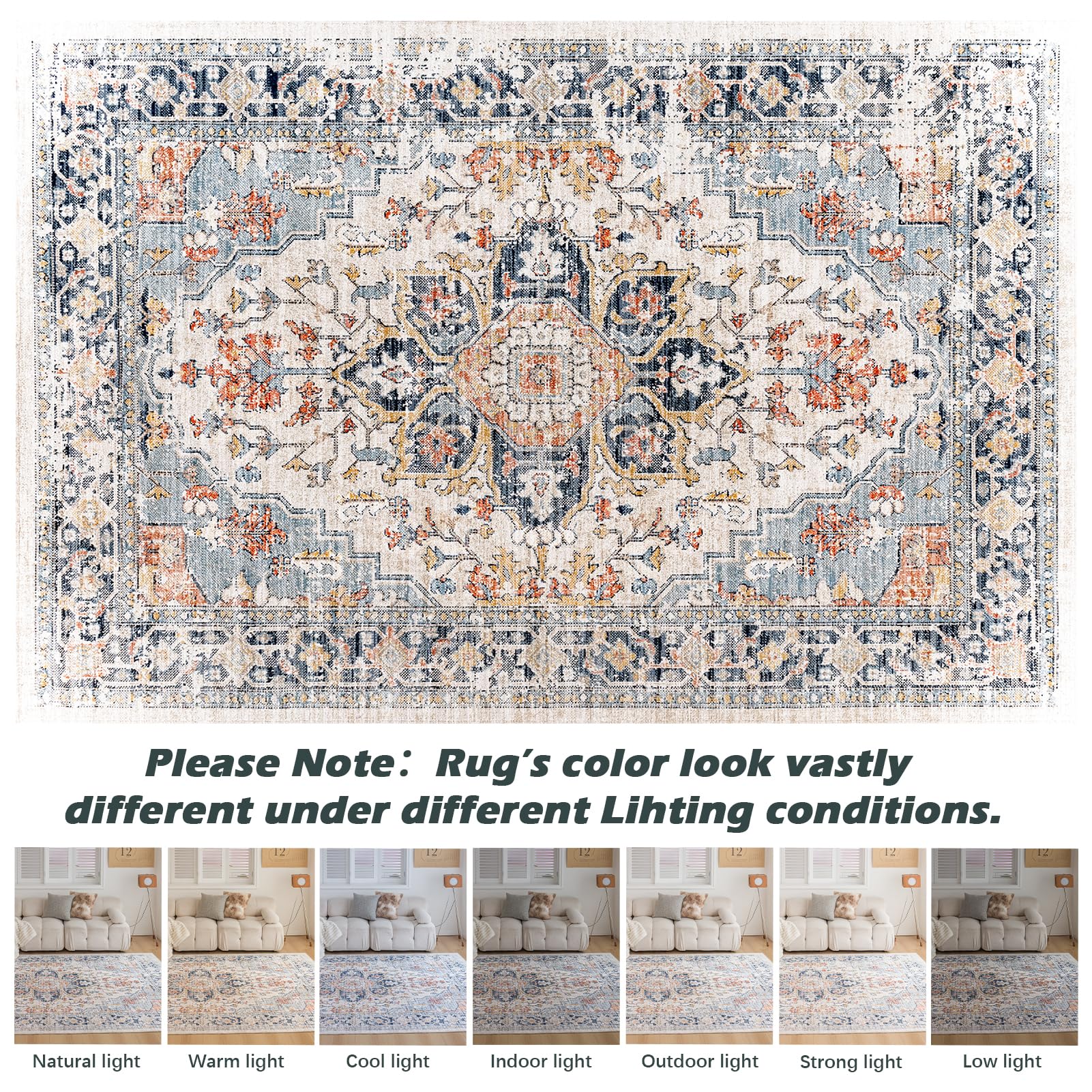 VK VK·LIVING Machine Washable Rug 8'x10' Vintage Design Washable Area Rugs with Non Slip Rugs for Living Room Bedroom Traditional Woven Rug Carpet Stain Resistant,Rug Decor Office Boho Rug,Blue&Orange