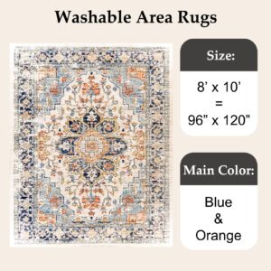 VK VK·LIVING Machine Washable Rug 8'x10' Vintage Design Washable Area Rugs with Non Slip Rugs for Living Room Bedroom Traditional Woven Rug Carpet Stain Resistant,Rug Decor Office Boho Rug,Blue&Orange