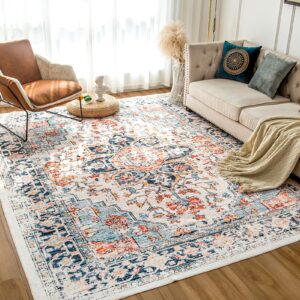 VK VK·LIVING Machine Washable Rug 8'x10' Vintage Design Washable Area Rugs with Non Slip Rugs for Living Room Bedroom Traditional Woven Rug Carpet Stain Resistant,Rug Decor Office Boho Rug,Blue&Orange