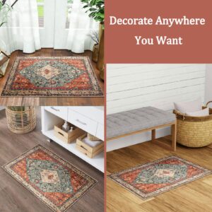 Morebes Tribal Small Washable Rugs for Entryway, 2x3 Throw Rugs with Rubber Backing Washable Soft Door Mats Indoor Boho Entryway Rug, Non-Slip Bath Mat Vintage Rug for Bedroom Kitchen, Rust/Multi