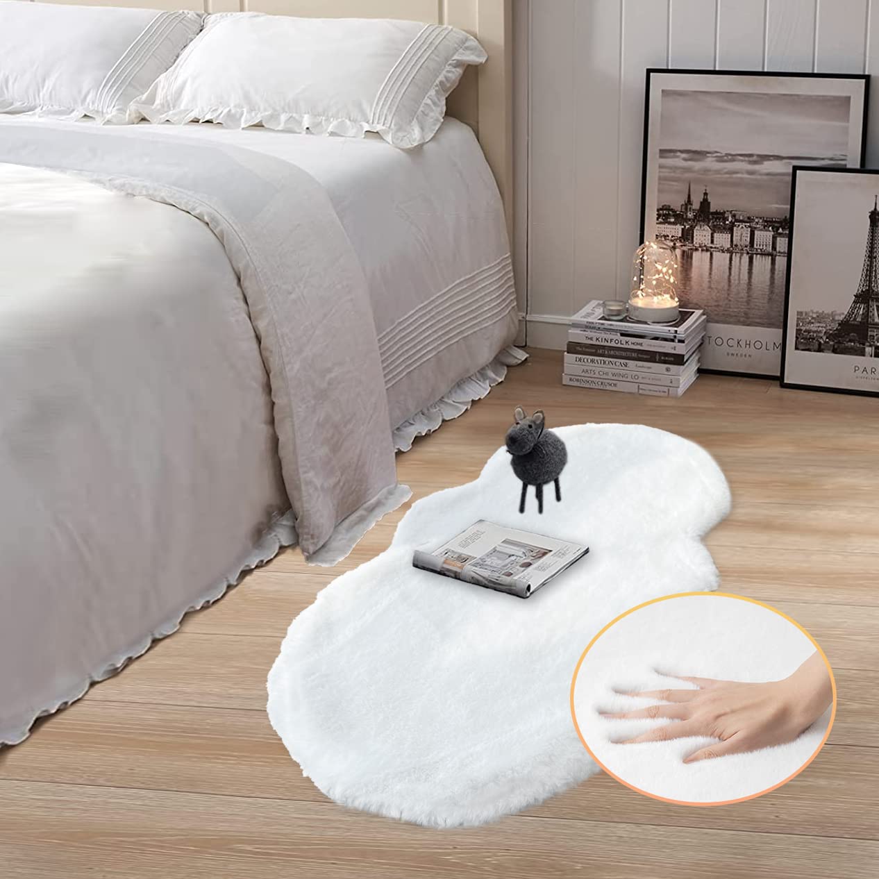 ORINOVA White Faux Rabbit Fluffy Fur Rugs for Bedroom Machine Washable Furry Area Rugs for Living Room Smal 2x4 Shag Runner Rug Nursery Rug