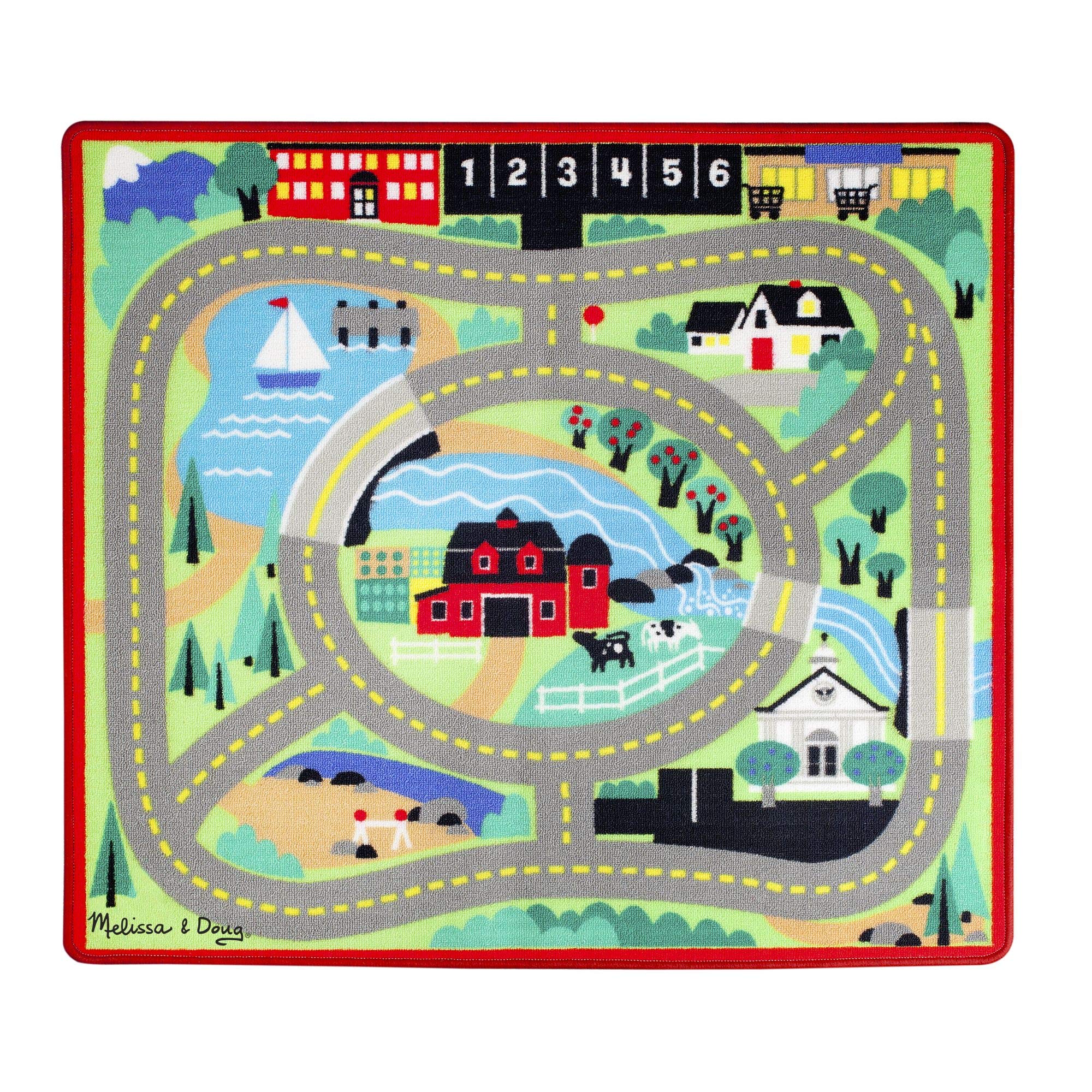 Melissa & Doug Round the Town Road Rug and Car Activity Play Set With 4 Wooden Cars (39 x 36 inches)