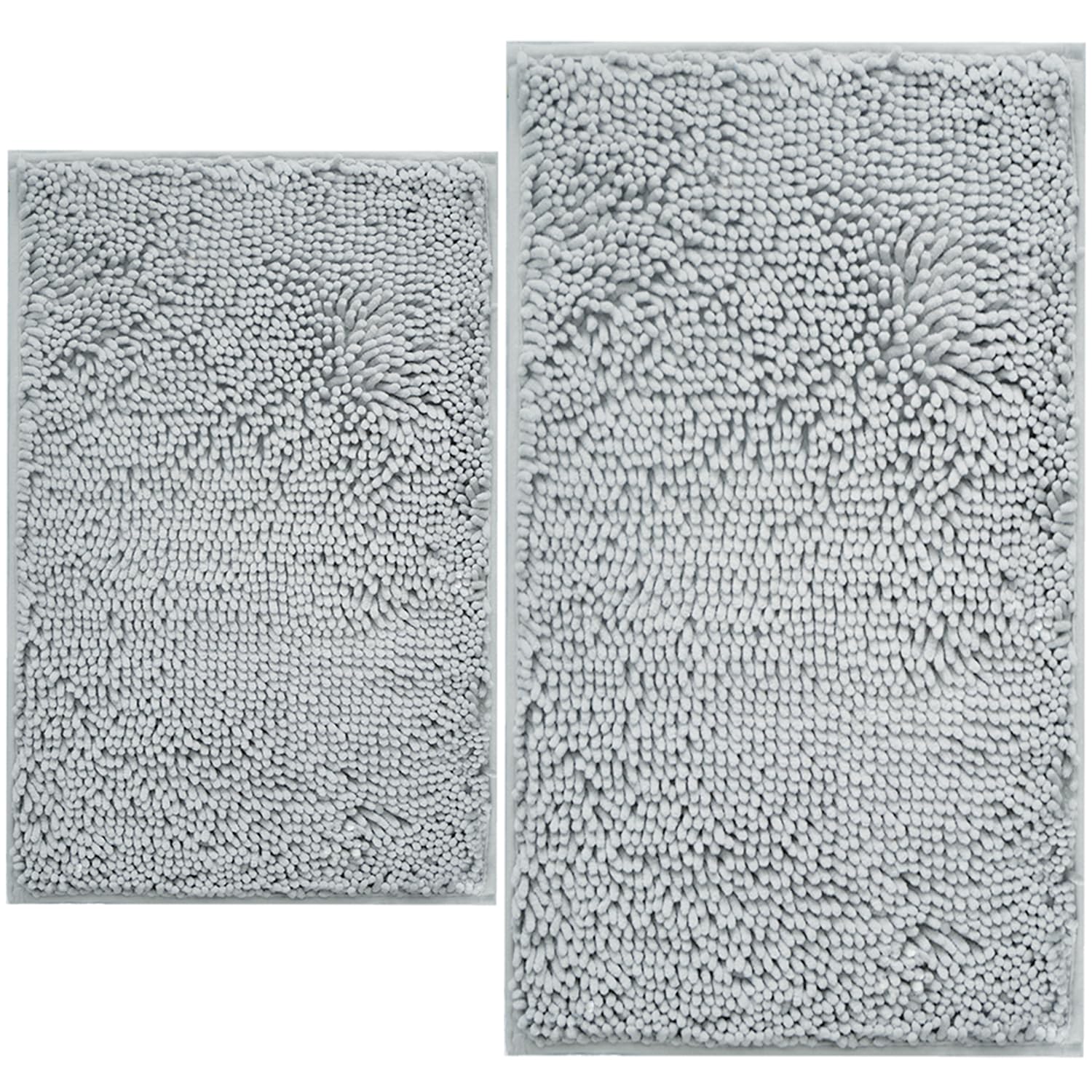 BOANKODU Bathroom Rugs Sets 2 Piece, Extra Soft Chenille Bath Mat Absorbent Bathroom Rug, Bathroom Mat with PVC Non-Slip Bottom, Machine Washable Bath Rugs (32x20 Inch + 24x16 Inch, Light Grey)