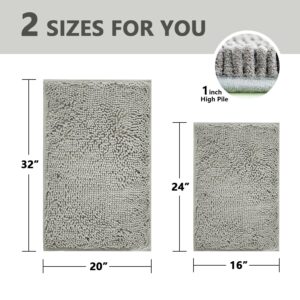 BOANKODU Bathroom Rugs Sets 2 Piece, Extra Soft Chenille Bath Mat Absorbent Bathroom Rug, Bathroom Mat with PVC Non-Slip Bottom, Machine Washable Bath Rugs (32x20 Inch + 24x16 Inch, Light Grey)