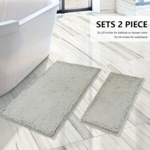 BOANKODU Bathroom Rugs Sets 2 Piece, Extra Soft Chenille Bath Mat Absorbent Bathroom Rug, Bathroom Mat with PVC Non-Slip Bottom, Machine Washable Bath Rugs (32x20 Inch + 24x16 Inch, Light Grey)