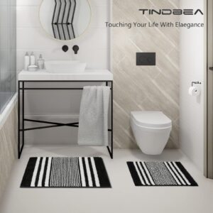 Tindbea Bathroom Rugs Set 2 Piece, Extra Soft and Absorbent Fluffy Striped Chenille Bath Mat Rug Set, Non Slip Bathroom Floor Mat, Machine Washable (20" x 32" Plus 16" x 24", Black)