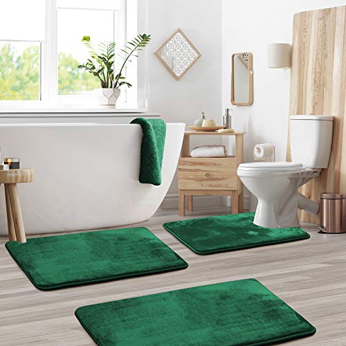 Clara Clark 3 Piece Bathroom Rugs Bath Mat Set, Velvet Memory Foam Bath Mats for Bathroom - Non-Slip, PVC Backing Bath Rugs, Washable Bathroom Rug Mats - Dries Quickly, Green Bathroom Rug Set