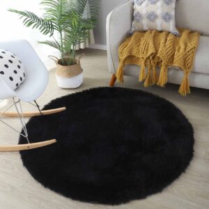 Vafodo Fluffy Bedroom Rug Carpet,4x4 Feet Shaggy Fuzzy Rugs for Bedroom,Soft Rug for Kids Room,Plush Nursery Rug for Baby,Solid Black Area Rugs for Living Room,Cute Room Decor for Girls Boys