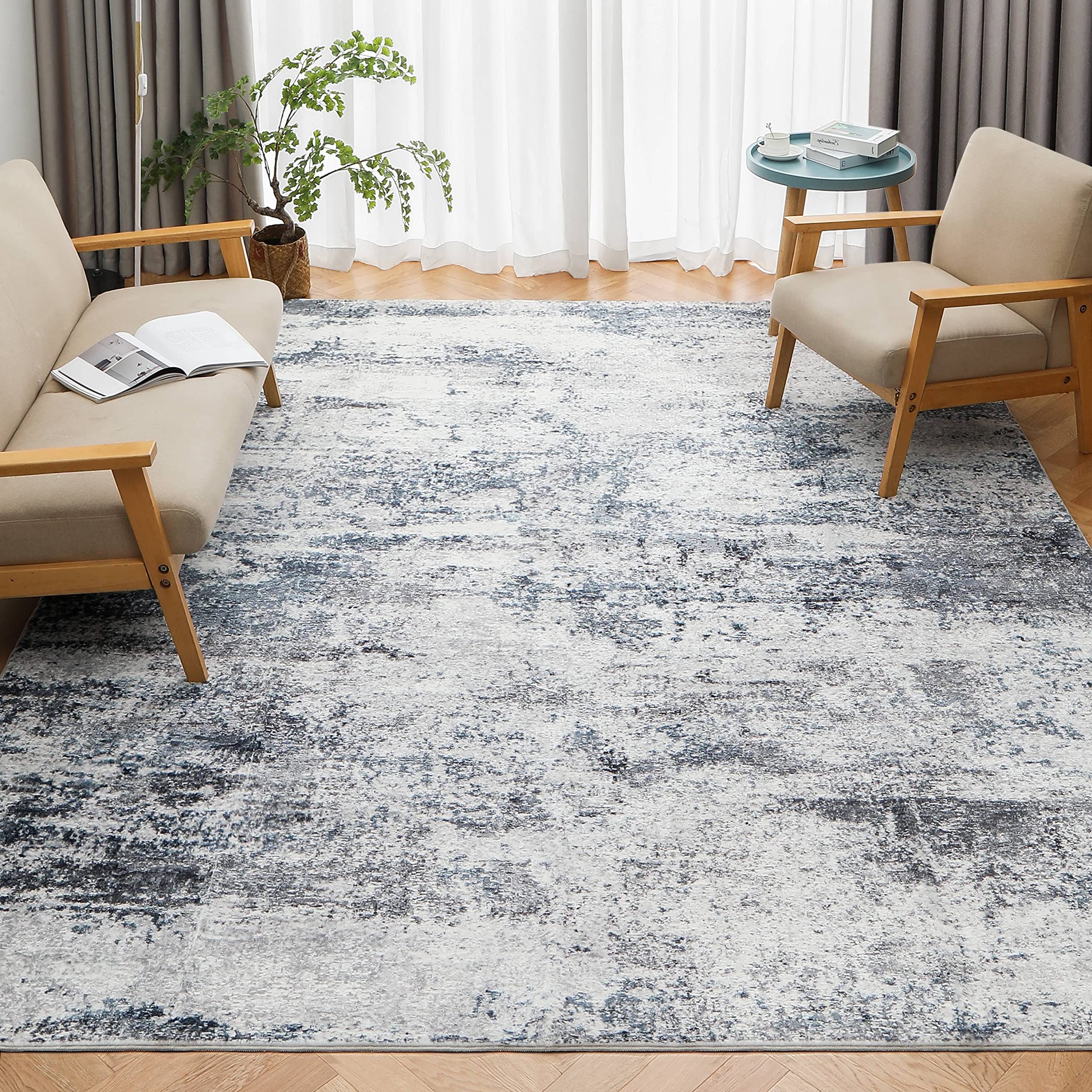 Area Rug Living Room Rugs: 3x5 Indoor Abstract Soft Fluffy Pile Large Carpet with Low Shaggy for Bedroom Dining Room Home Office Decor Under Kitchen Table Washable - Gray/Blue