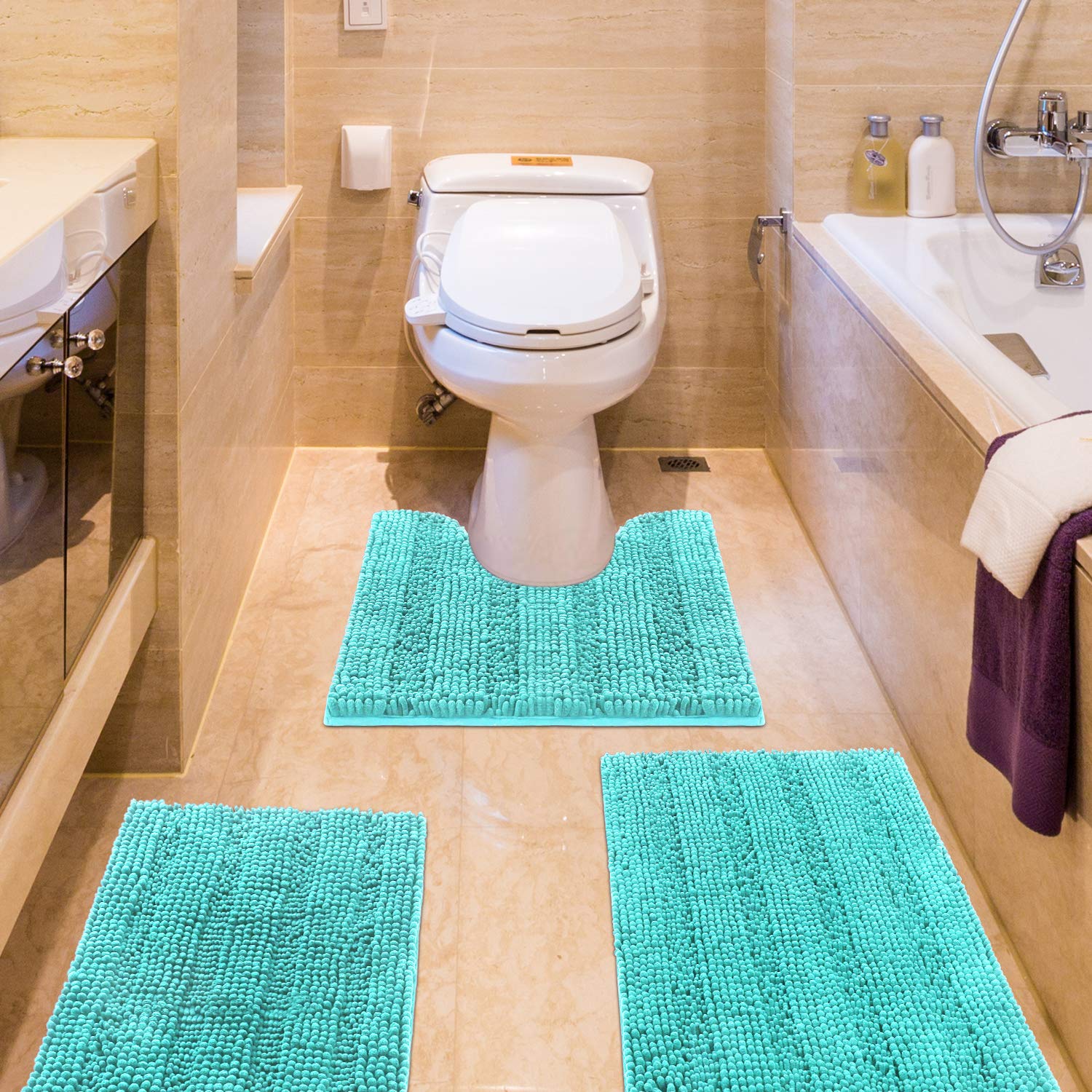 ACCUMTEK Striped Teal Green Bathroom Rug Set 3 Pieces Ultra Soft, Non Slip Chenille Toilet Mat, Absorbent Plush Shaggy Bath Mats for Bathroom, Bedroom, Kitchen, Turquoise