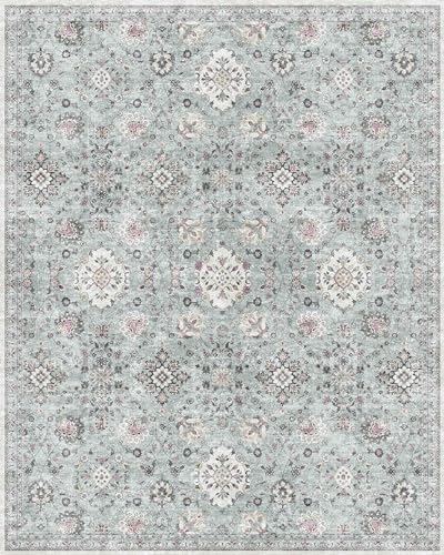 Mcadore 8x10 Area Rugs Washable Boho Rug, Non Slip Carpet for Living Room, Bedroom, Kitchen, Soft Low-Pile Rug, Turquoise Green/Floral