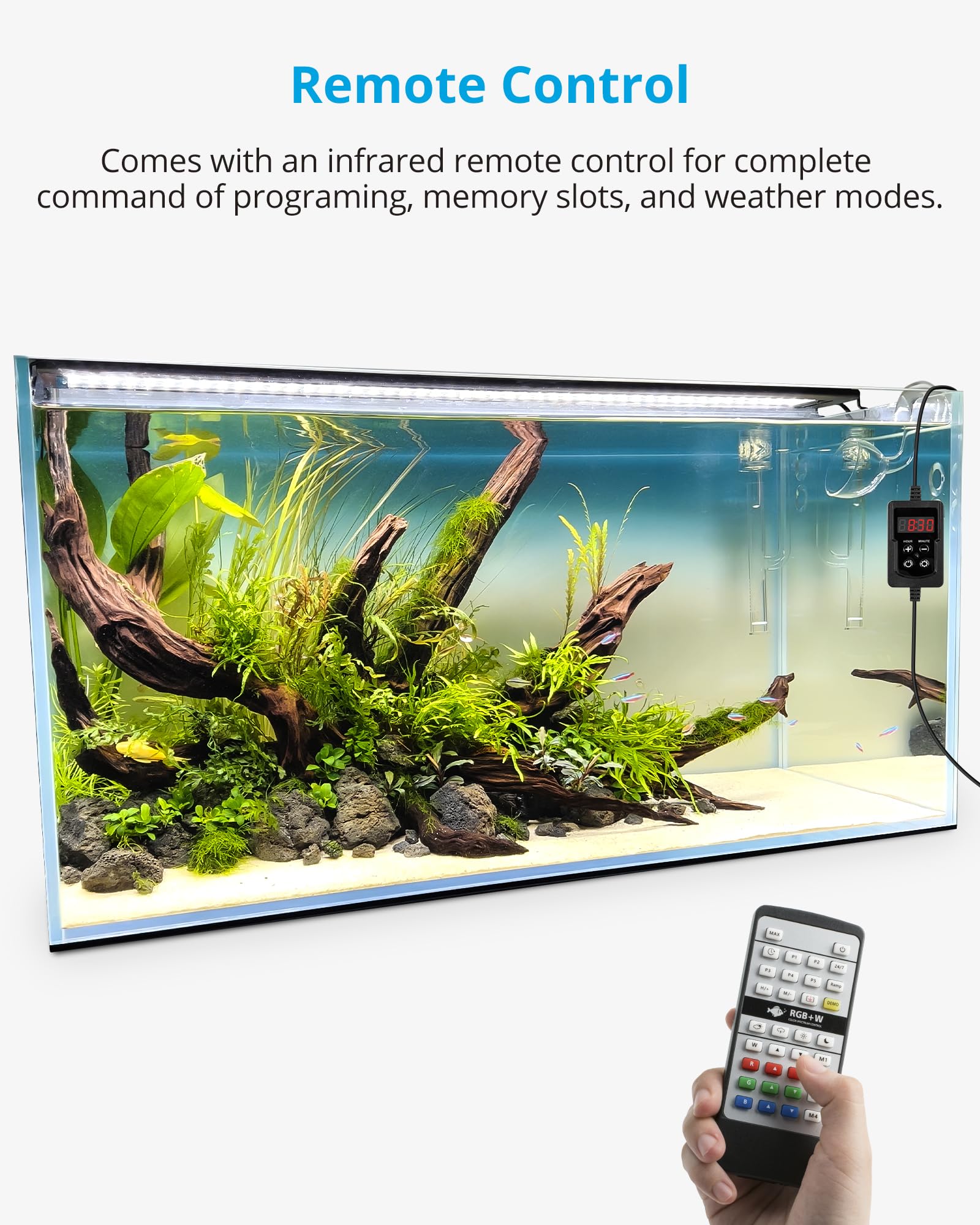 NICREW RGB+W 24/7 LED Aquarium Light with Controller, Full Spectrum Fish Tank Light for Planted Freshwater Tanks, Planted Aquarium Light with Extendable Brackets to 12-18 Inches, 12 Watts