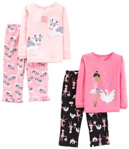 simple joys by carter's girls' 4-piece pajama set (cotton top & fleece bottom), black ballerina/light pink/pink cow/swans, 5t