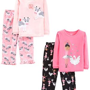 Simple Joys by Carter's Girls' 4-Piece Pajama Set (Cotton Top & Fleece Bottom), Black Ballerina/Light Pink/Pink Cow/Swans, 5T
