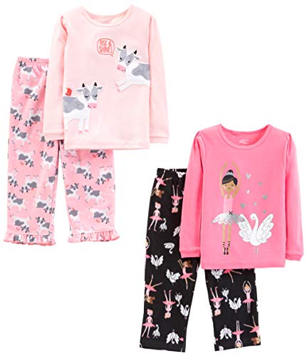 Simple Joys by Carter's Girls' 4-Piece Pajama Set (Cotton Top & Fleece Bottom), Black Ballerina/Light Pink/Pink Cow/Swans, 5T