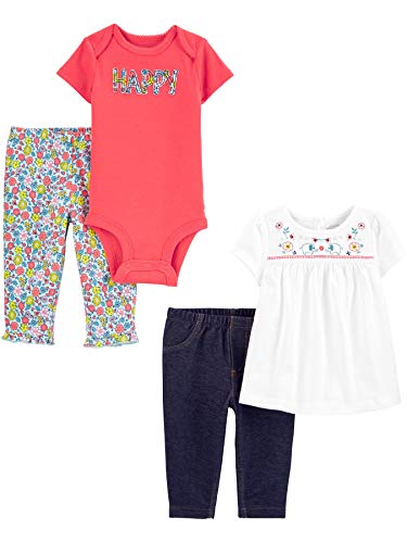 Simple Joys by Carter's Baby Girls' 4-Piece Bodysuit, Top, and Pant Set, Elephant/Floral/Happy Pack, 6-9 Months