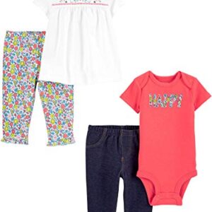 Simple Joys by Carter's Baby Girls' 4-Piece Bodysuit, Top, and Pant Set, Elephant/Floral/Happy Pack, 6-9 Months