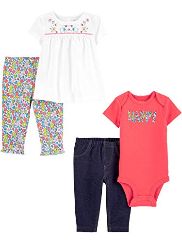 Simple Joys by Carter's Baby Girls' 4-Piece Bodysuit, Top, and Pant Set, Elephant/Floral/Happy Pack, 6-9 Months