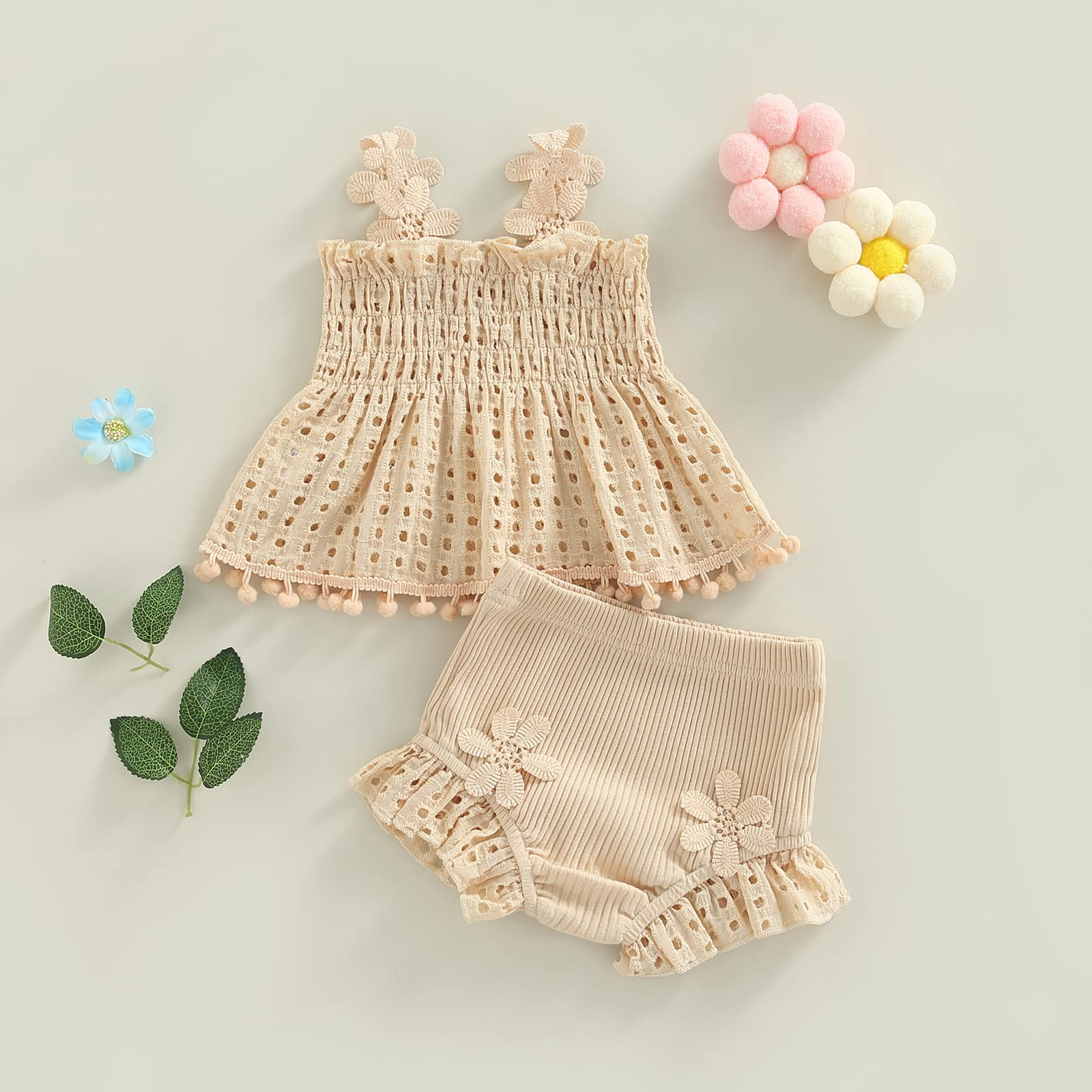 Newborn Baby Girls Clothes Sets Waffle Floral Print Sleeveless Bodysuits+Ruffles Drawstring Summer Shorts+Headband (Y-Apricot, 0-3 Months)