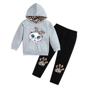 axumity toddler girl clothes cat print pullover sweatshirt + leopard print pant 2-piece kid girl fall winter pants set(4-5t)