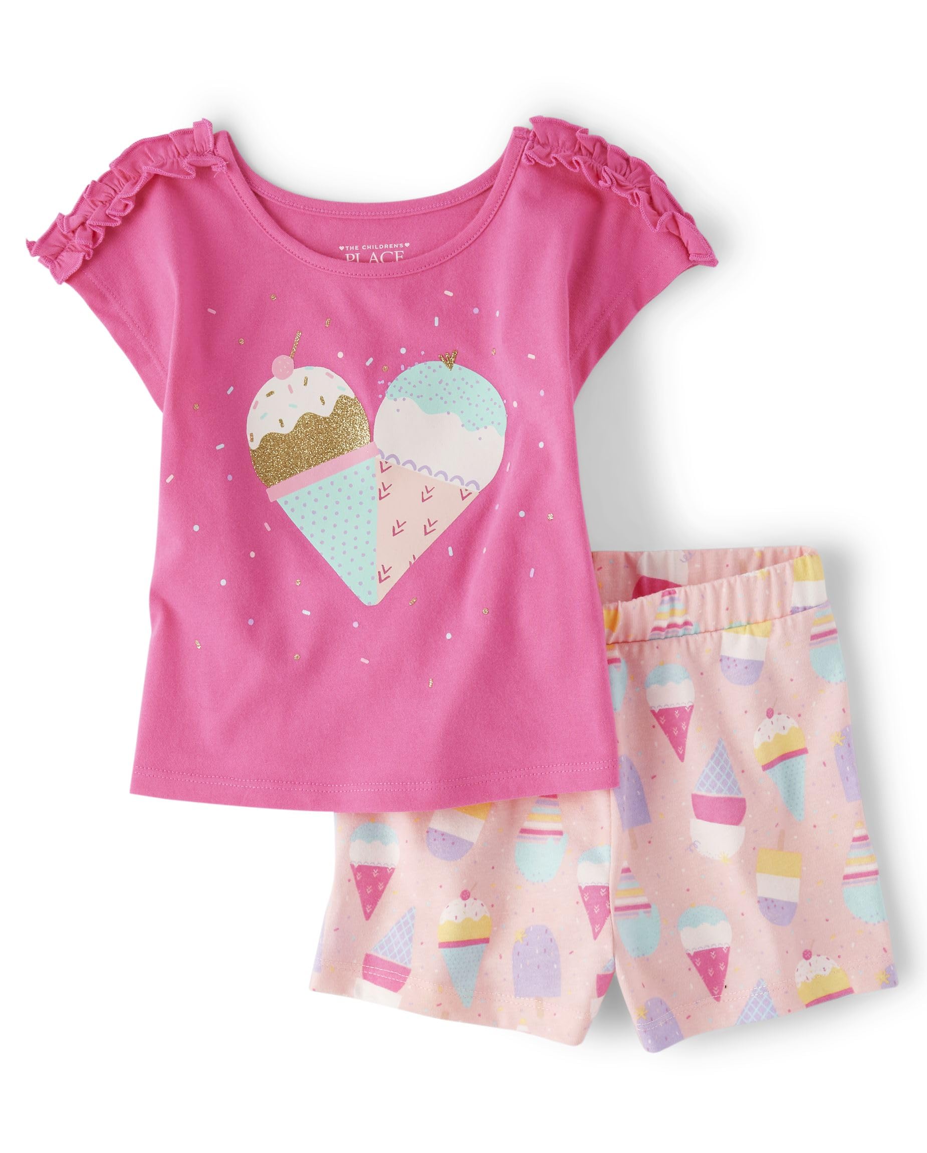 The Children's Place Baby Girls' and Toddler Sleeve Top and Shorts 2-Piece, Pink Ice Cream Set, 5T