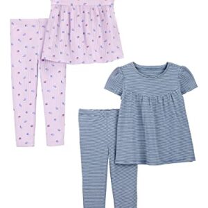 Simple Joys by Carter's Toddler Girls' 4-Piece Short-Sleeve Shirts and Pants Playwear Set, Pack of 2, Blue Stripe/Lilac Fruit, 5T