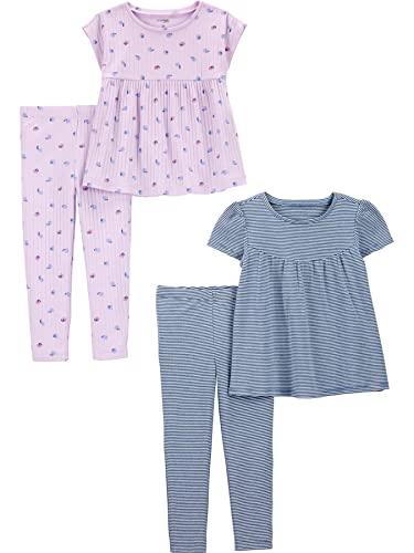 Simple Joys by Carter's Toddler Girls' 4-Piece Short-Sleeve Shirts and Pants Playwear Set, Pack of 2, Blue Stripe/Lilac Fruit, 5T