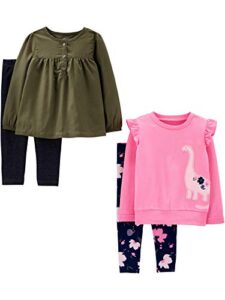 simple joys by carter's baby girl's 4-piece long-sleeve shirts and pants playwear set pants, olive/pink dino, 18m