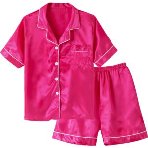 Vopmocld Big Kids Unisex Pjs Set Girls Boys Silk Pajama Sets Satin Clasic Sleepwear Summer 2 Pieces Button Down Nighty, Rose 10