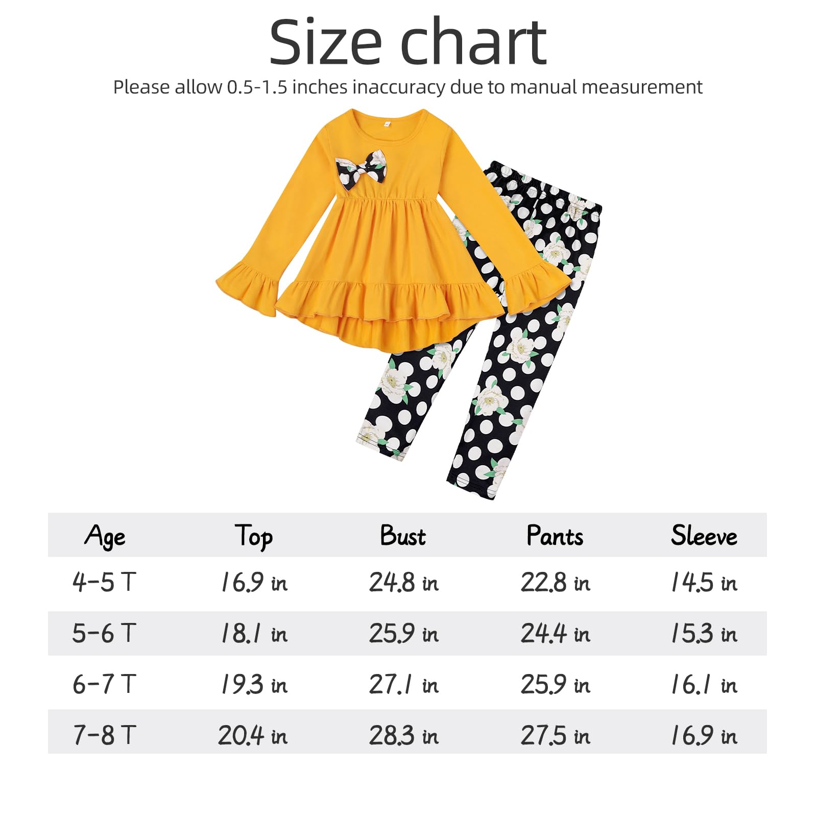 Yoxindax Toddler Girls' Clothing Bell Sleeve Ruffle High Low Bow Solid Top Floral Polka Dot Printed Leggings Autumn/Winter Suit(7-8t)