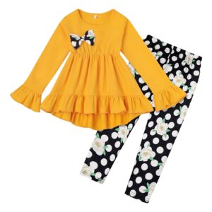 yoxindax toddler girls' clothing bell sleeve ruffle high low bow solid top floral polka dot printed leggings autumn/winter suit(7-8t)